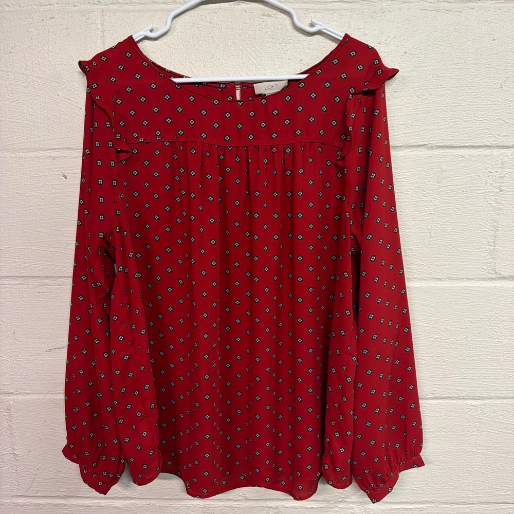 LOFT Outlet Women's XL Red Geometric Print Blouse Long Sleeve Top Relaxed Fit